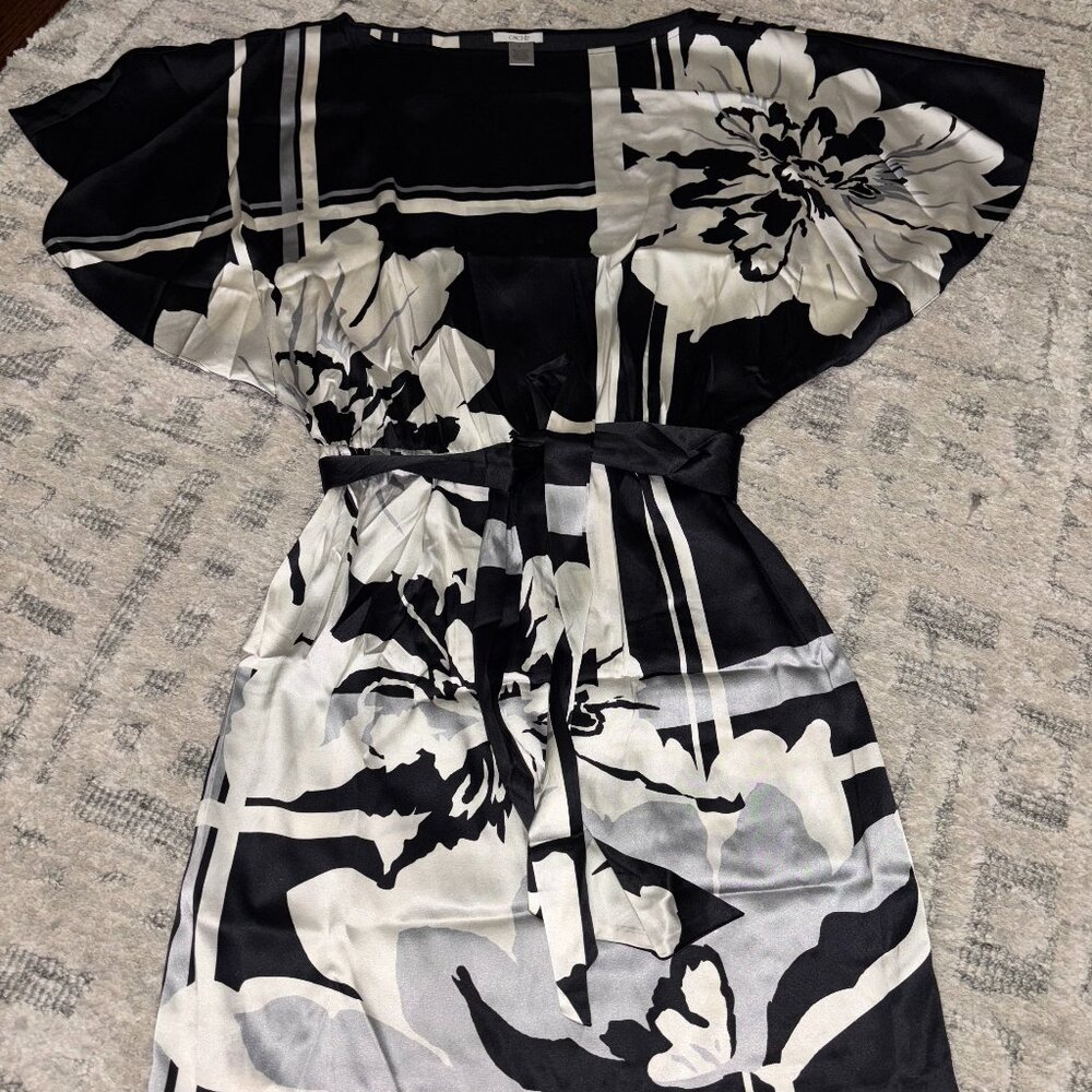 Cache 95% Silk Floral Mini Dress with Tie Waist and Flutter Sleeves, Size S